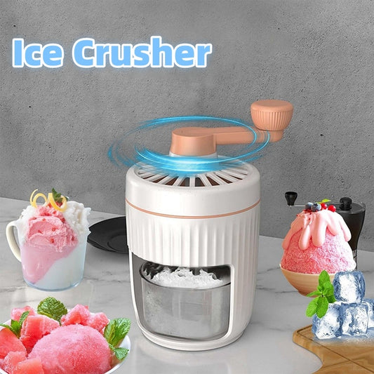 Ice Crusher with ice cubes and desserts on a marble surface
