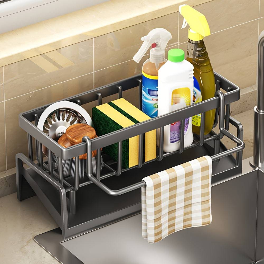 Multifunctional kitchen sink organizer rack holding dish cloth and sponges
