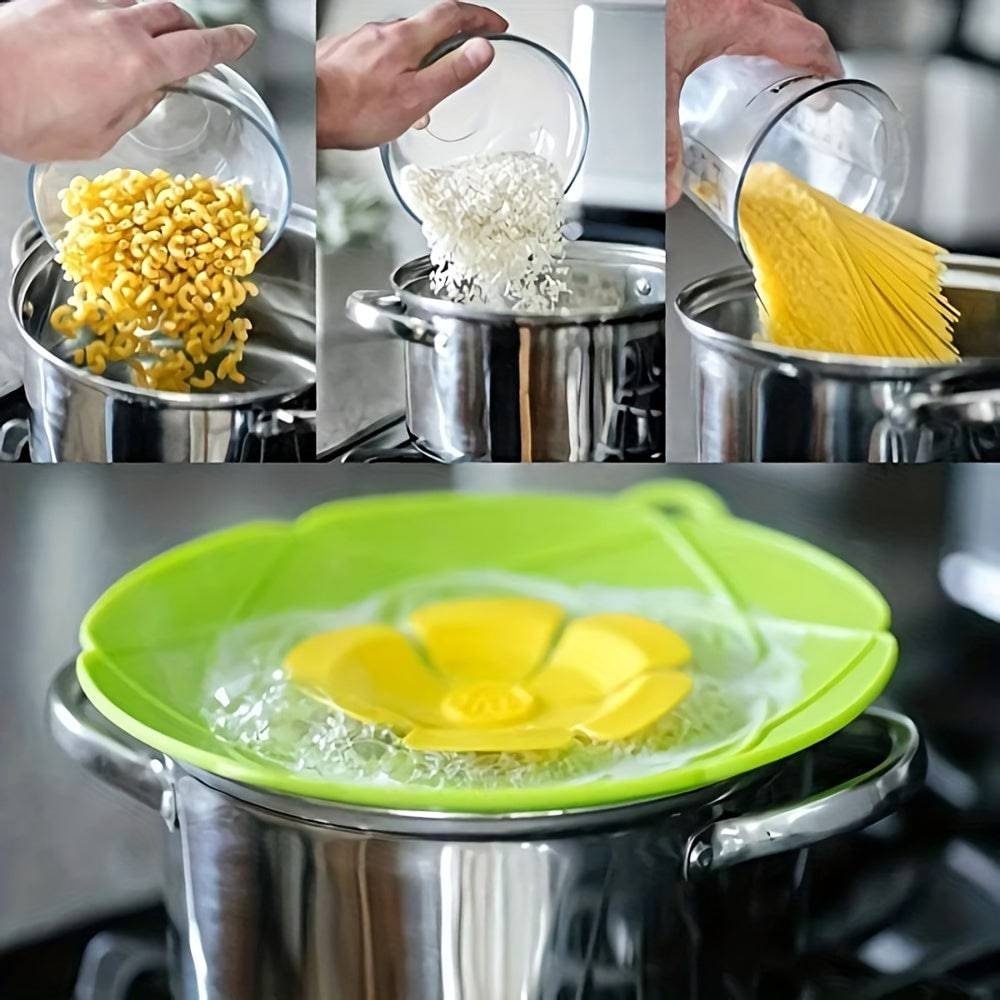 Silicone spill stopper lid with anti-overflow design in flower shape