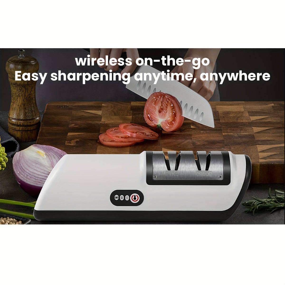 Compact automatic knife sharpener restoring the sharpness of a dull blade.