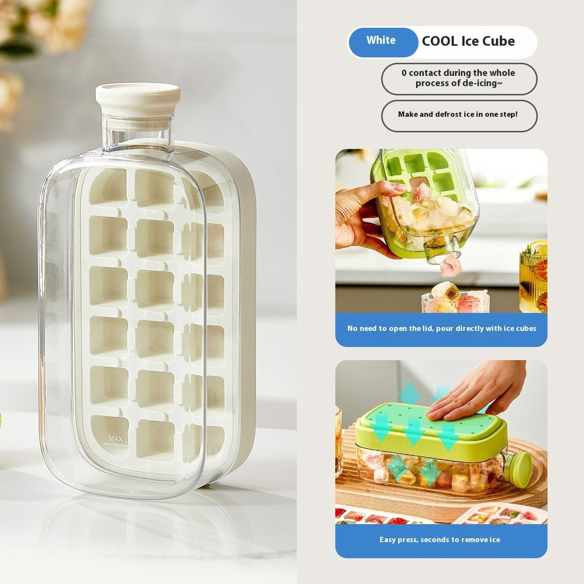 Clear ice cube tray with green lid on a white background