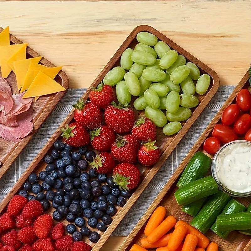 Rectangular wooden serving tray for snacks and desserts on a dining table
