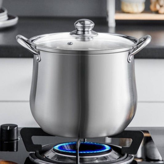 large stainless steel soup pot on gas hob
