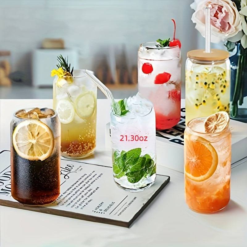 Durable borosilicate glass drinkware with bamboo lids and glass straws