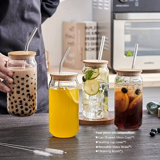 Eco-conscious can-shaped glass cups for boba tea, iced coffee, and tea