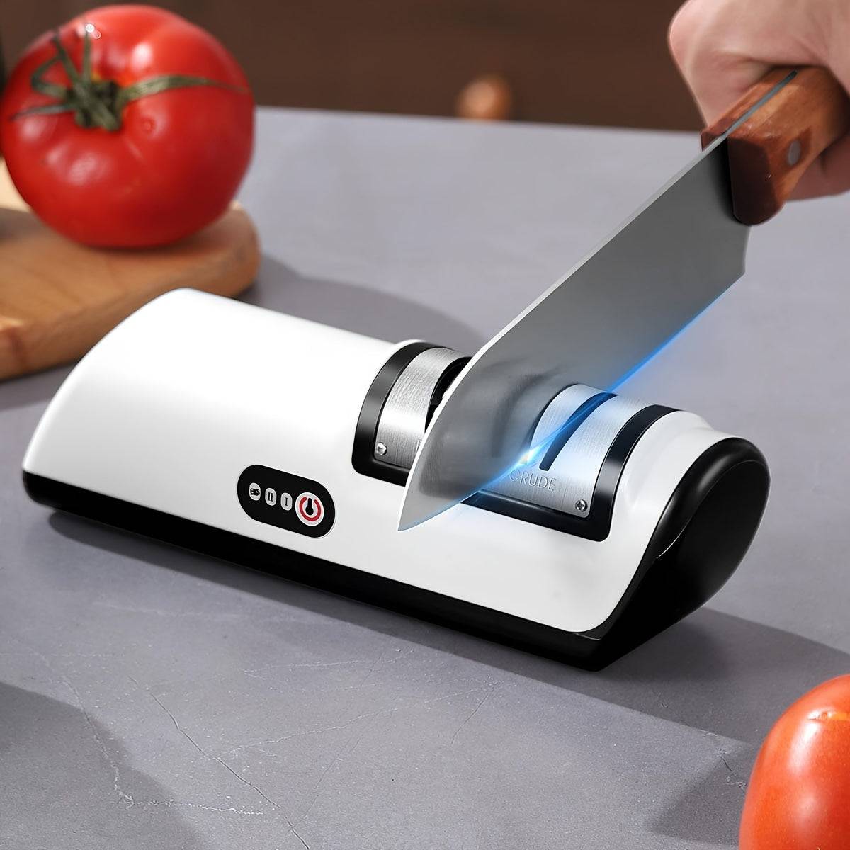 Electric knife sharpener with safety features, enhancing blade sharpness.