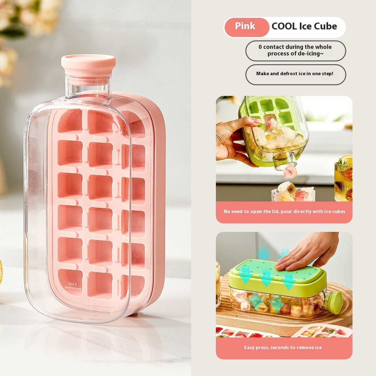 Pink silicone ice cube tray with clear lid on a white surface, accompanied by an inset showing its use.