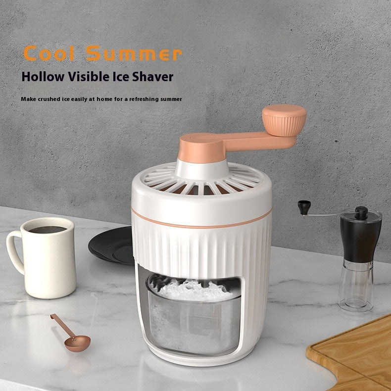 Hollow visible ice shaver on a kitchen counter with a cup of coffee and other items.