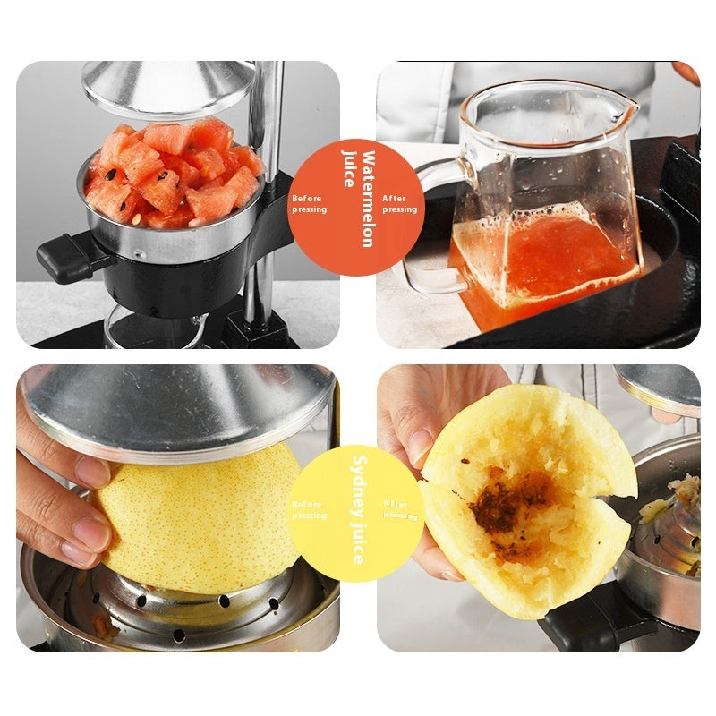 Collage of a watermelon juicer in use with watermelon pieces and juice, followed by a yellow fruit being peeled.