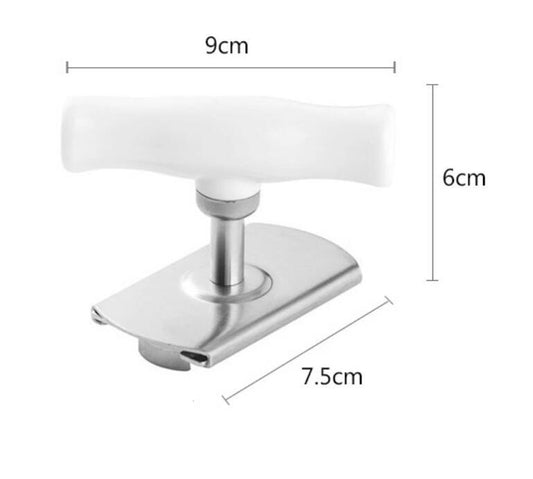 Measurement dimensions of a white and silver bracket on a white background