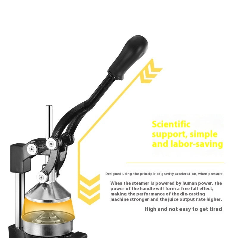 Manual juicer with text highlighting its features on a white background