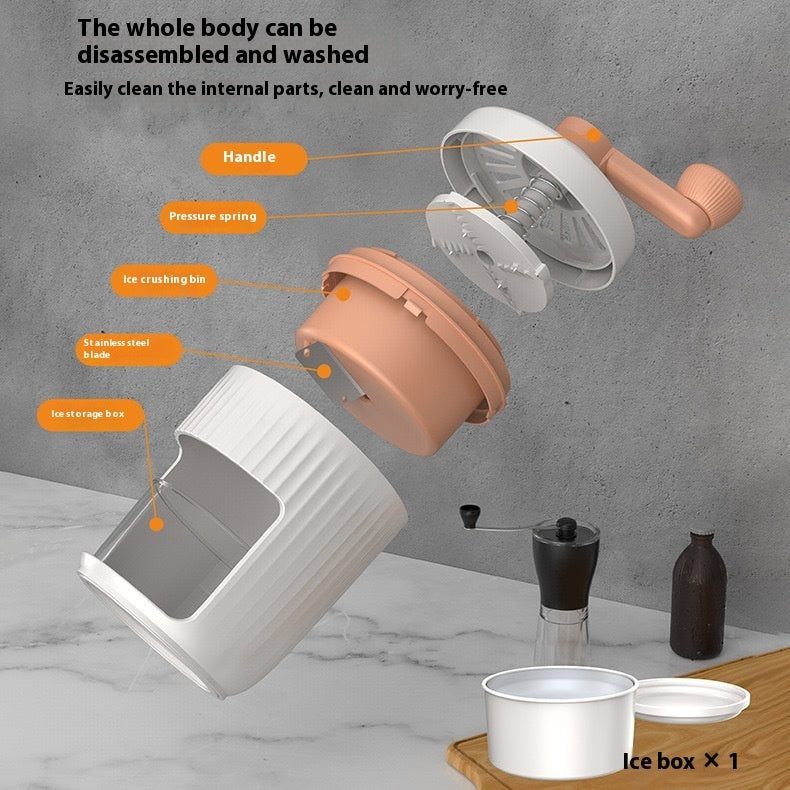 Disassembled ice maker with labeled parts on a gray background