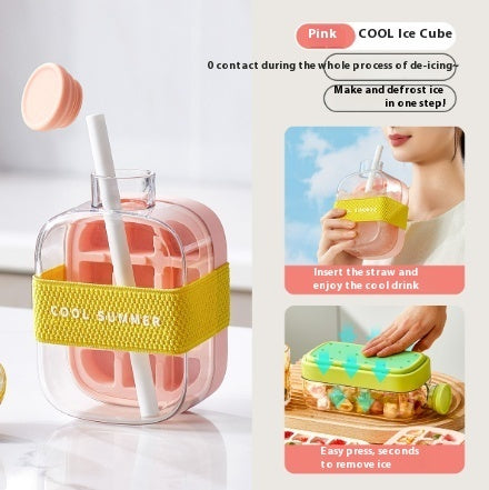 Pink ice cube tray with yellow band and straw on a white surface, with text describing its features.
