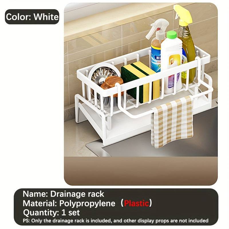 Compact kitchen sink storage rack with drip tray and soap dispenser holder