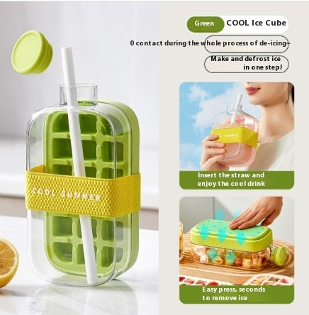 Green ice cube tray with straw holder and instructions on a white background