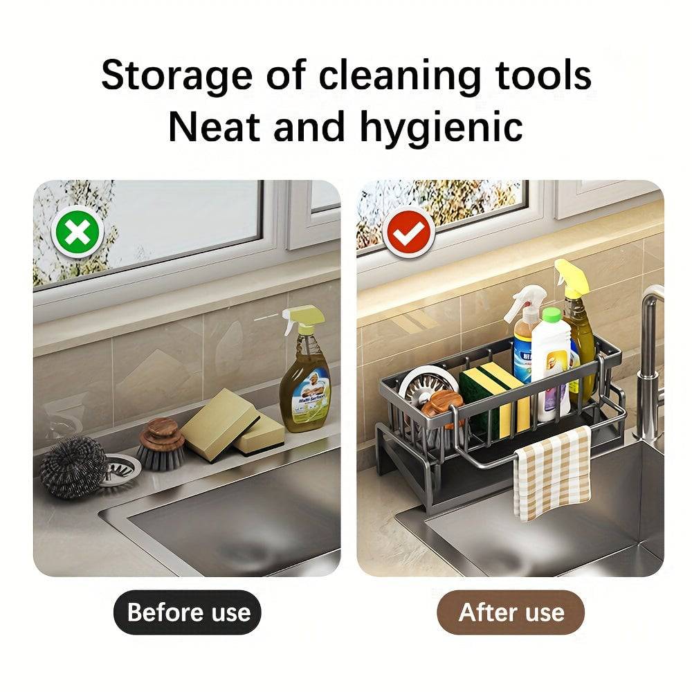 Durable plastic sponge and cloth holder with integrated drip tray for easy drying