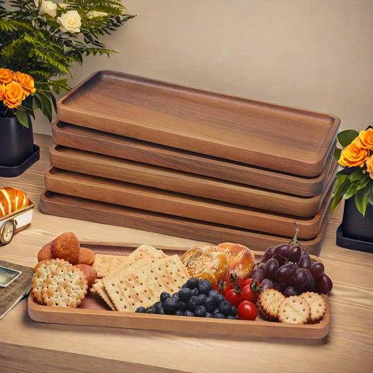 Solid wood serving tray with cheese and fruit arranged elegantly