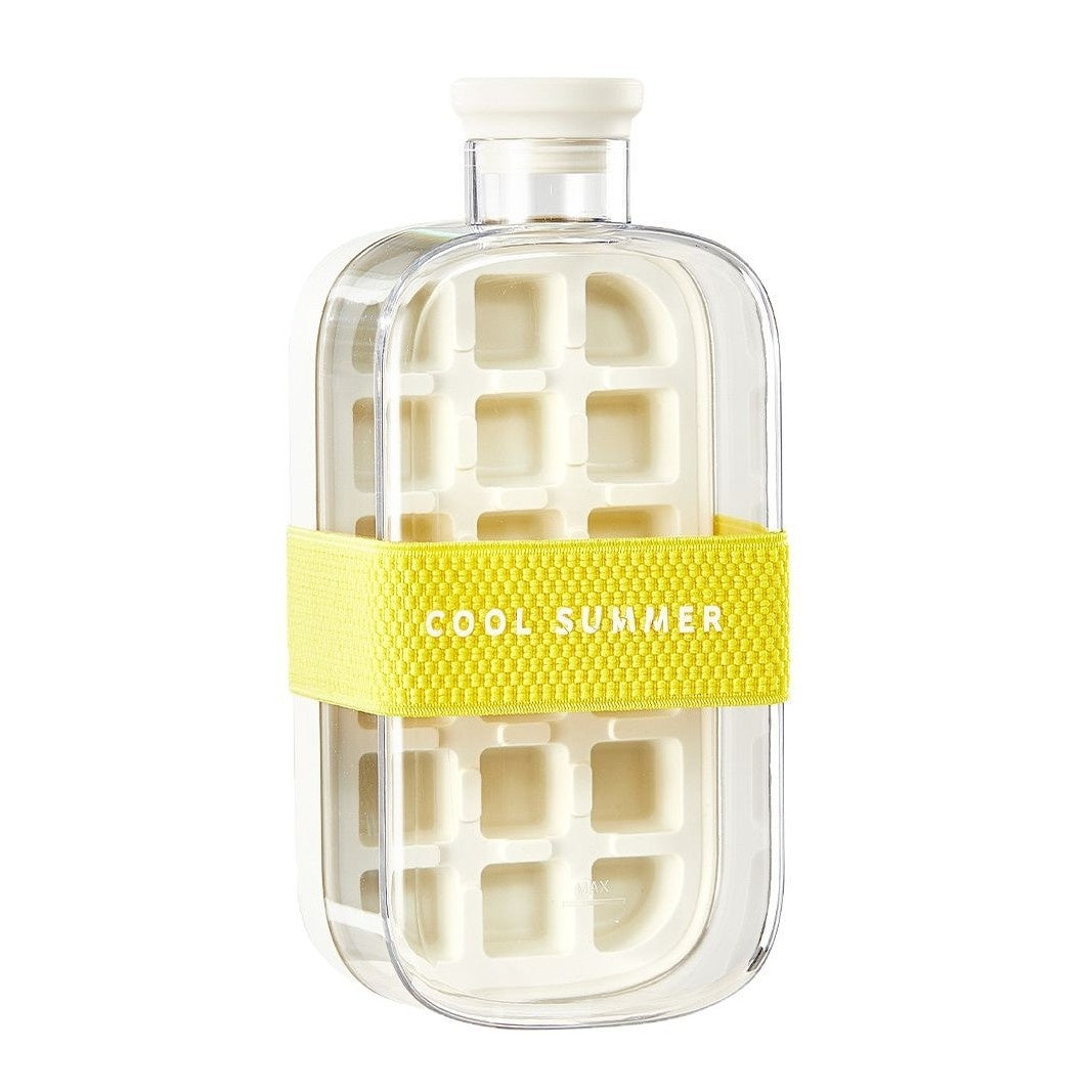 Clear glass bottle with a yellow band labeled 'Cool Summer' on a white background