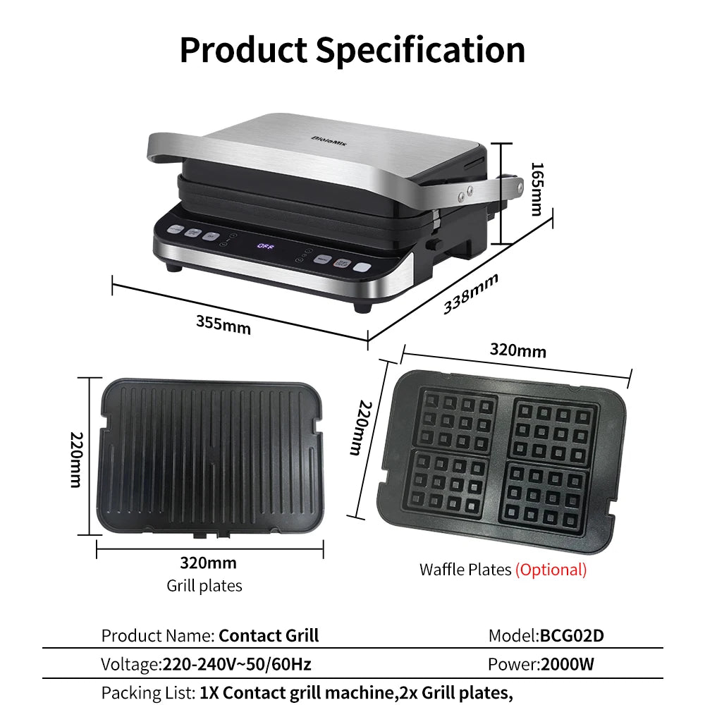 Contact grill with dimensions and specifications on a white background