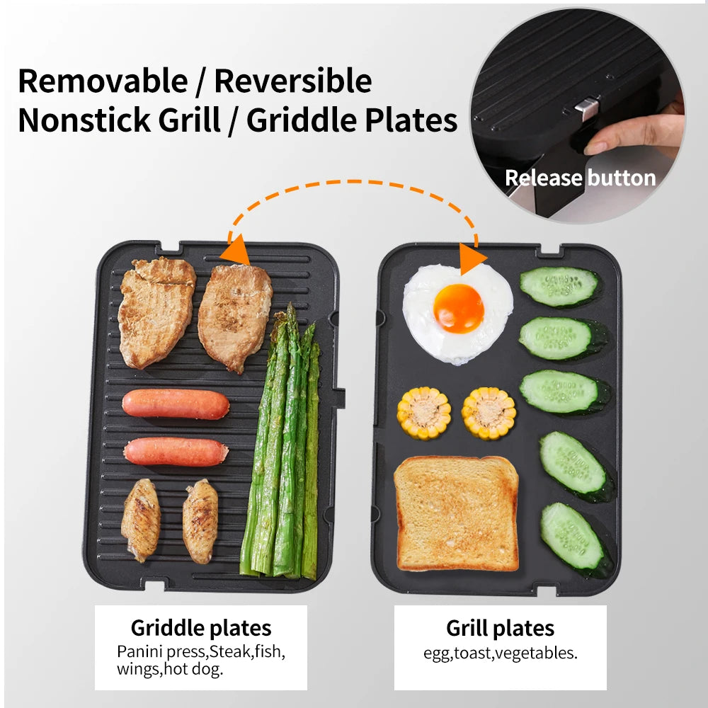 Removable reversible nonstick grill/griddle plates with food items on a white background