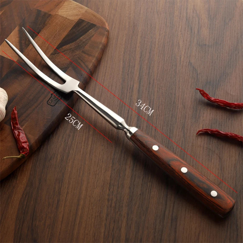 Ergonomic wooden handle grilling fork, demonstrating comfortable grip.