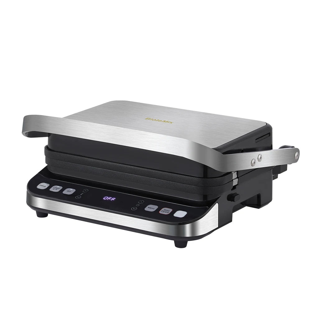 Black and silver sandwich maker on a white background