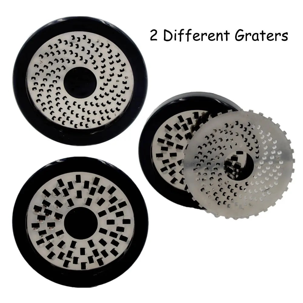 Cheese grater with interchangeable blades, showing fine and coarse options.
