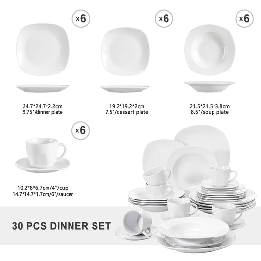 30-piece dinner set with various white ceramic plates and cups on a white background