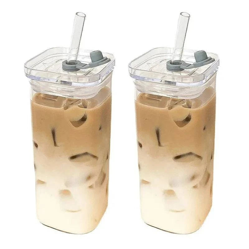 Square Heat Resistant Coffee Glass Cup with Lid and Straw - Cook Lux