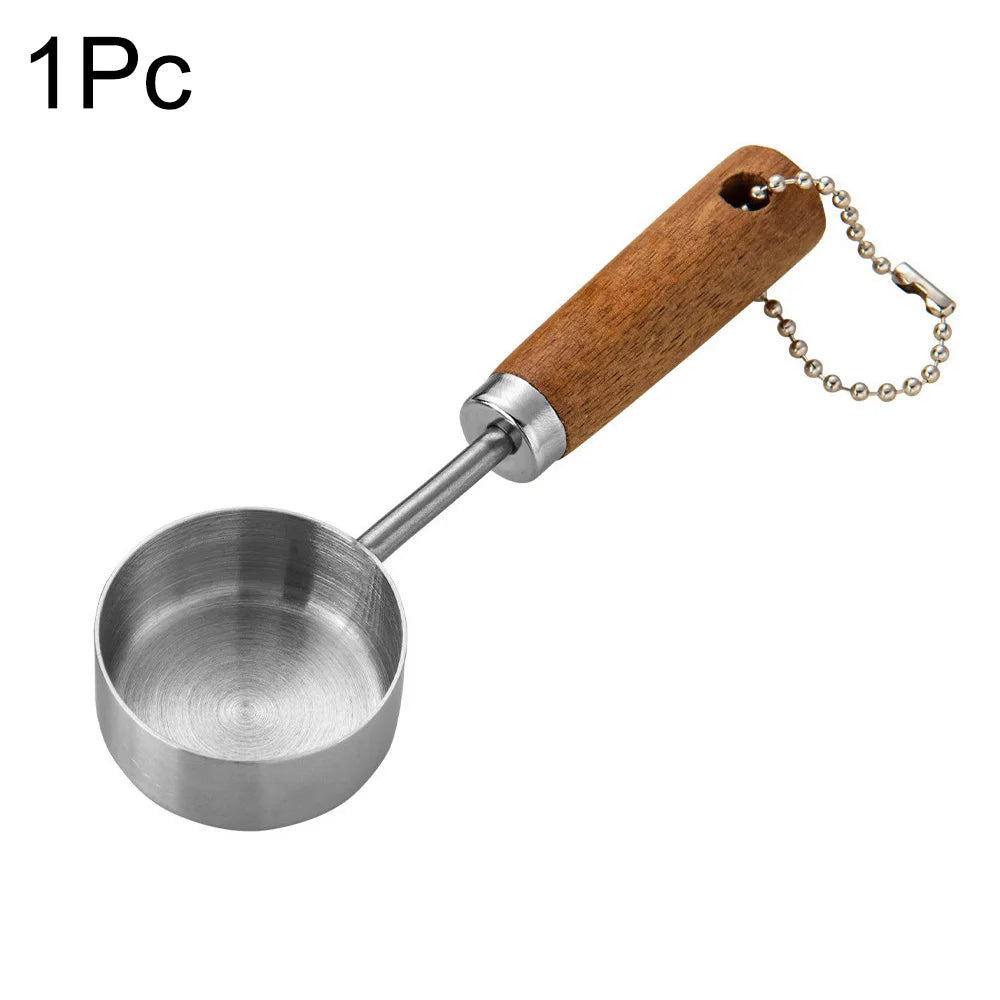 Stainless steel measuring cups, polished wooden handle grip for comfort.