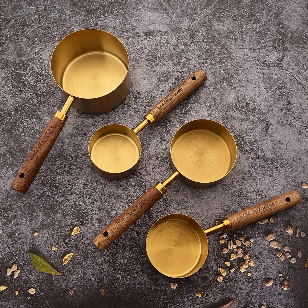 Artisan coffee measuring spoon set, stainless steel and polished wood.