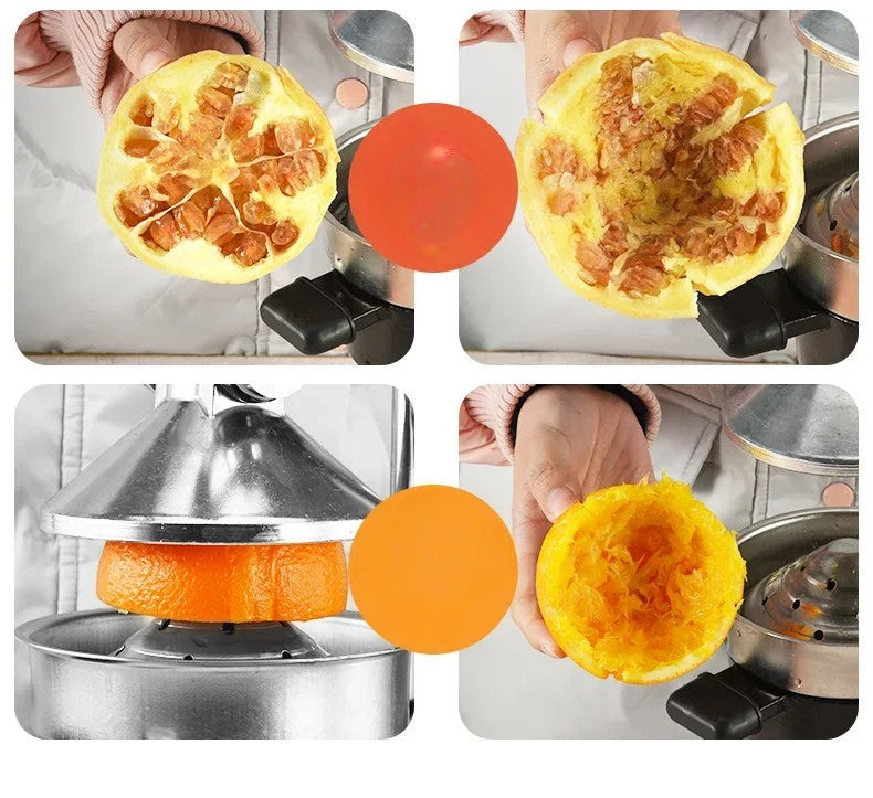 Collage of a person using a citrus reamer to extract juice from an orange and pomegranate.