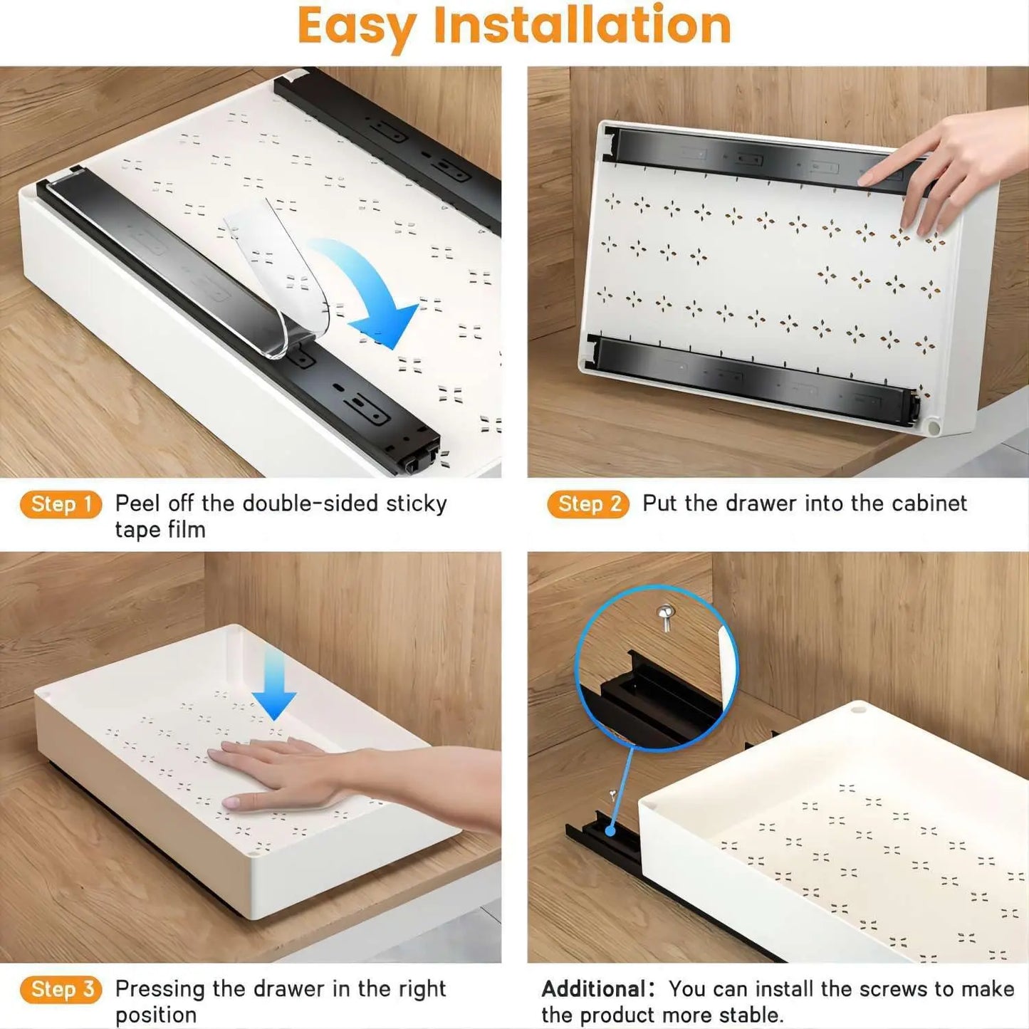 Step-by-step installation guide for a drawer system on a wooden floor.