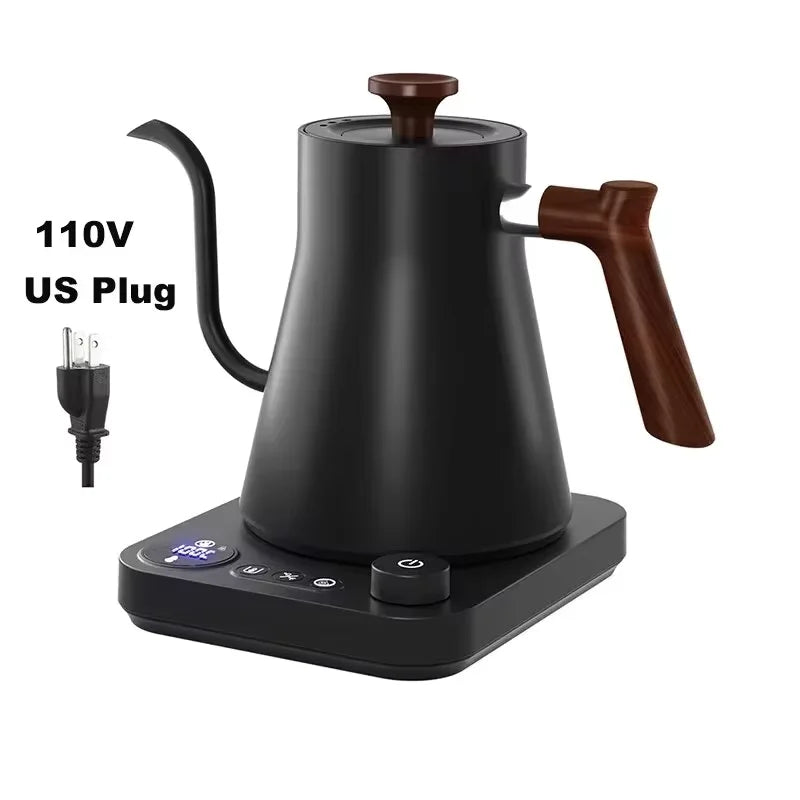 Black electric kettle with wooden handle and US plug on a white background