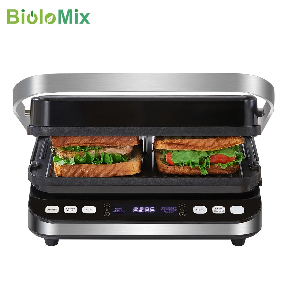 BioloMix sandwich maker with two sandwiches inside on a white background