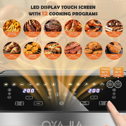 Oven control panel with LED display and touch screen showing cooking programs.
