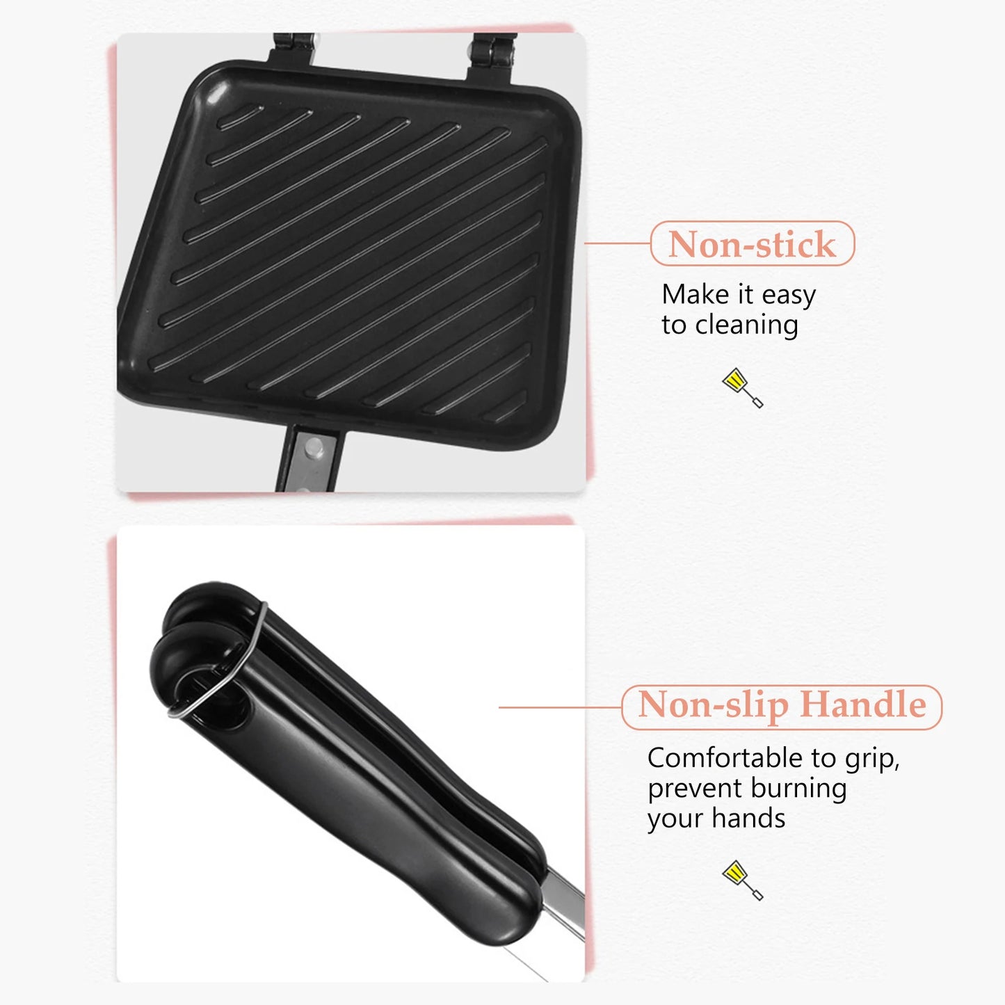 Black non-stick grill pan with handle on a white background