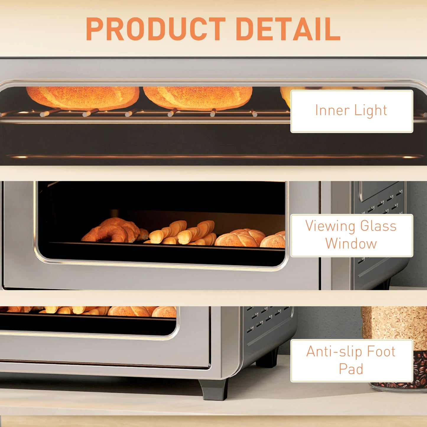 Oven with labeled features on a neutral background