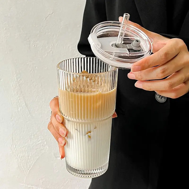 600ml transparent striped glass coffee cup