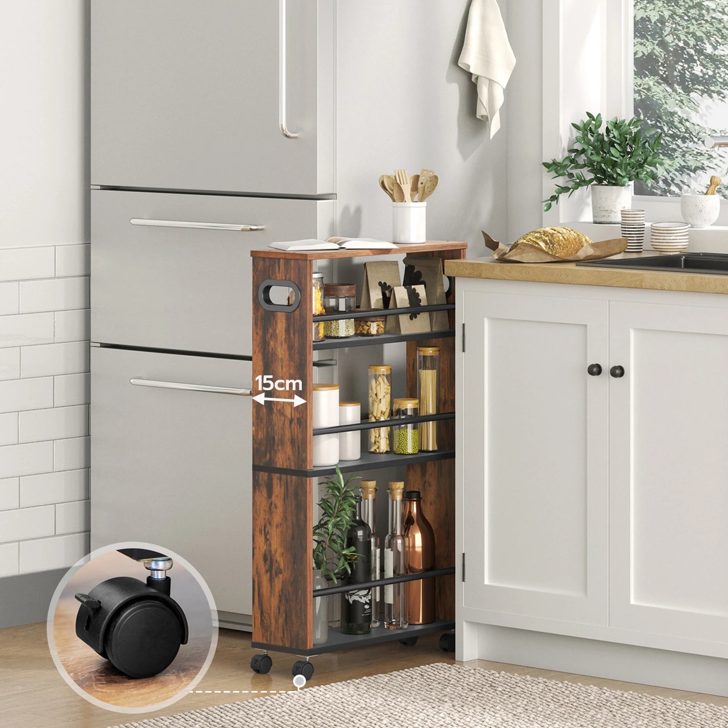 HOOBRO Narrow Serving Trolley, 45 x 15 x 80 cm, Kitchen Trolley with 4 Levels, Kitchen Shelf with 360° Rotating Wheels and Raili