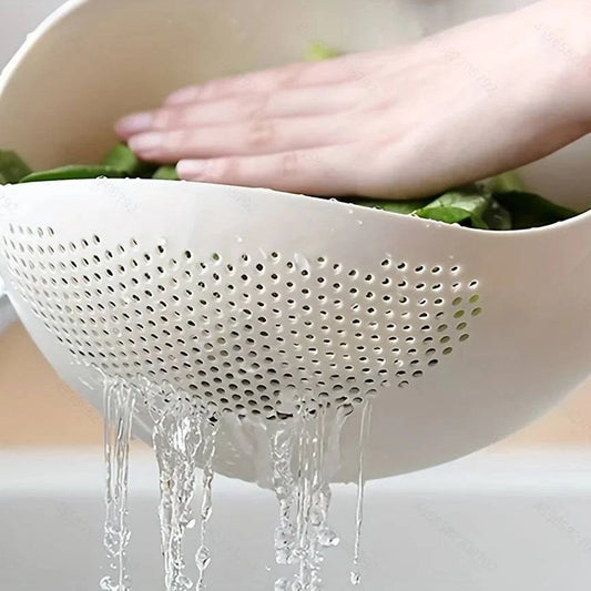 Rinsing fresh vegetables in rice drainage basket