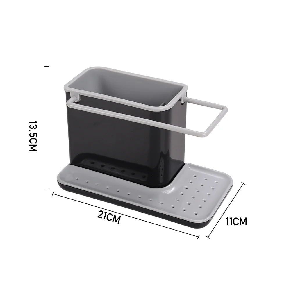 Gray kitchen sink caddy with dimensions on a white background