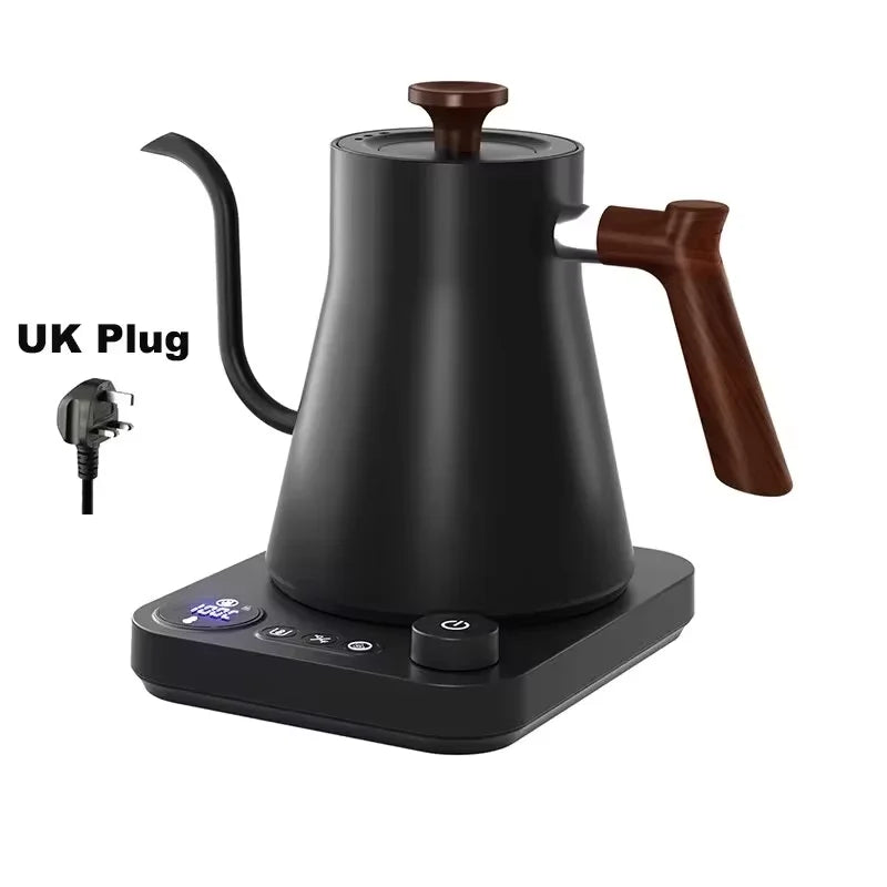 Black electric kettle with wooden handle and UK plug on a white background