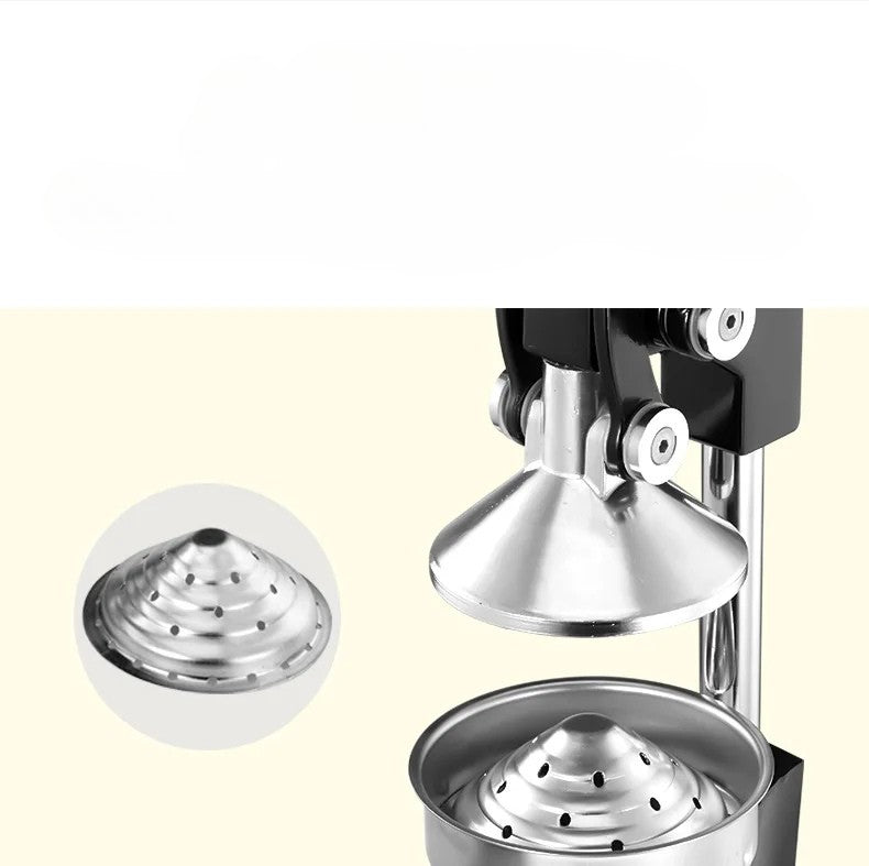 Cold press juicer with a close-up of the filter basket on a white background