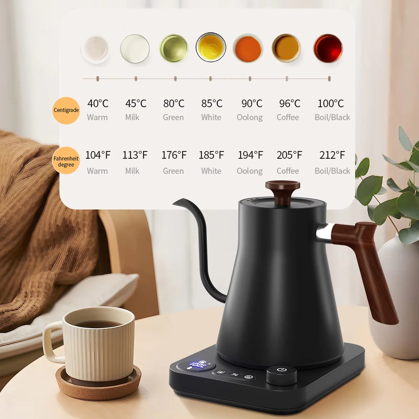 Black electric kettle on a wooden table with a cup of coffee and temperature scale display.