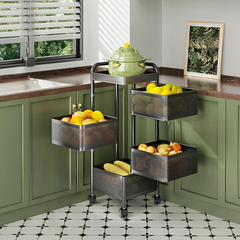Three-tier metal cart with mesh baskets in a kitchen setting.