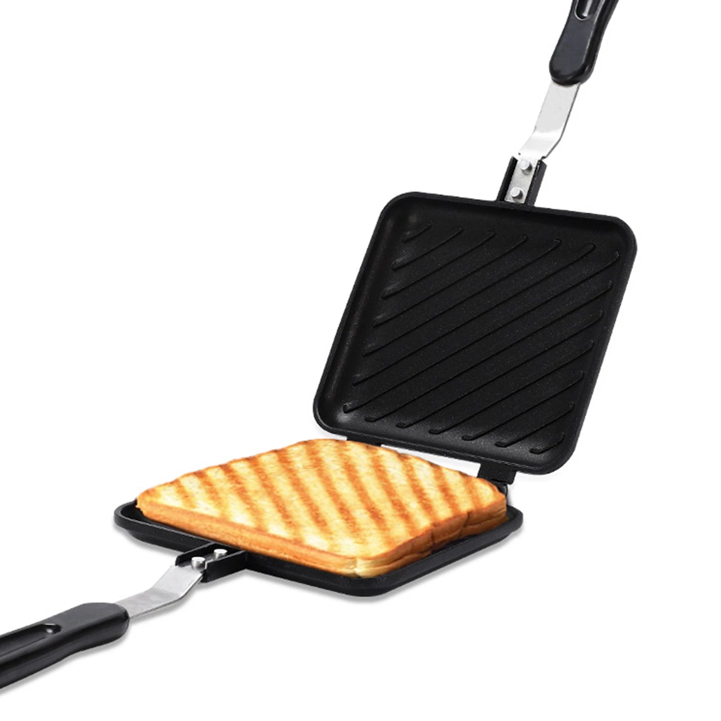 Black sandwich press with a grilled cheese inside on a white background