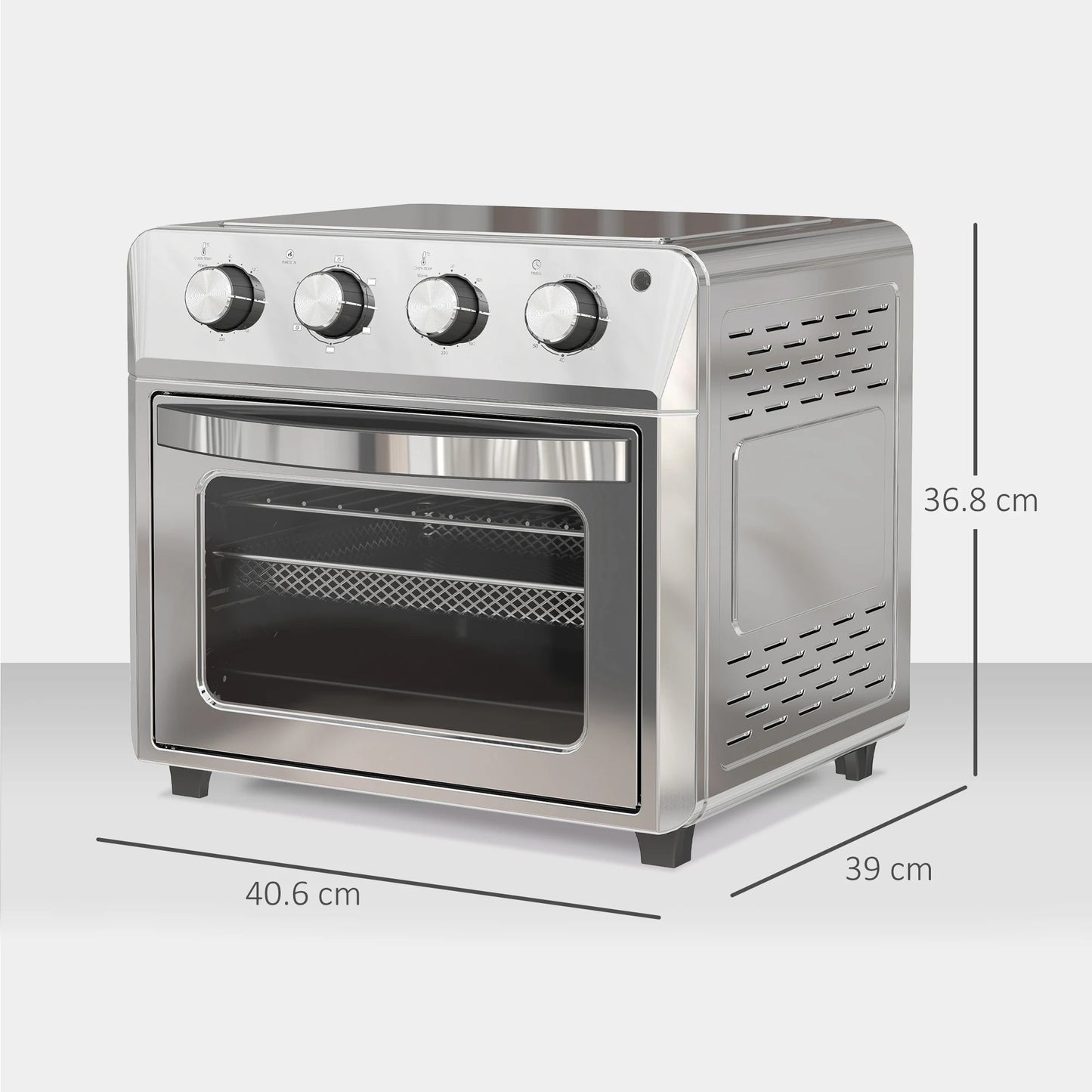Stainless steel oven with dimensions labeled on a white background