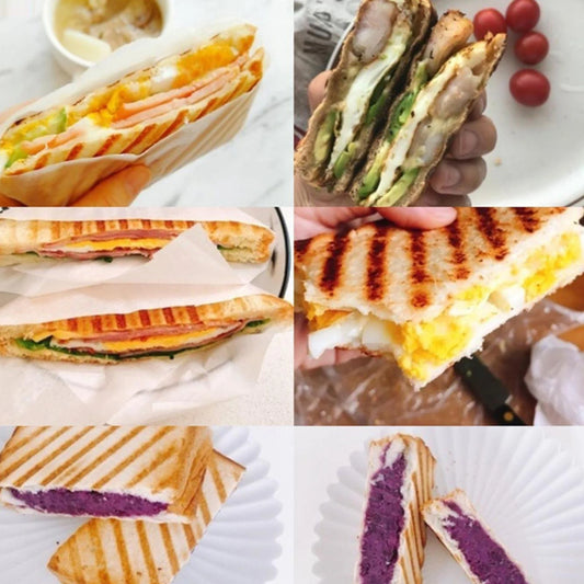 Collage of various sandwiches including paninis and wraps with different fillings.