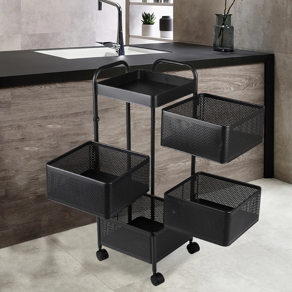 Black utility cart with multiple baskets in a bathroom setting